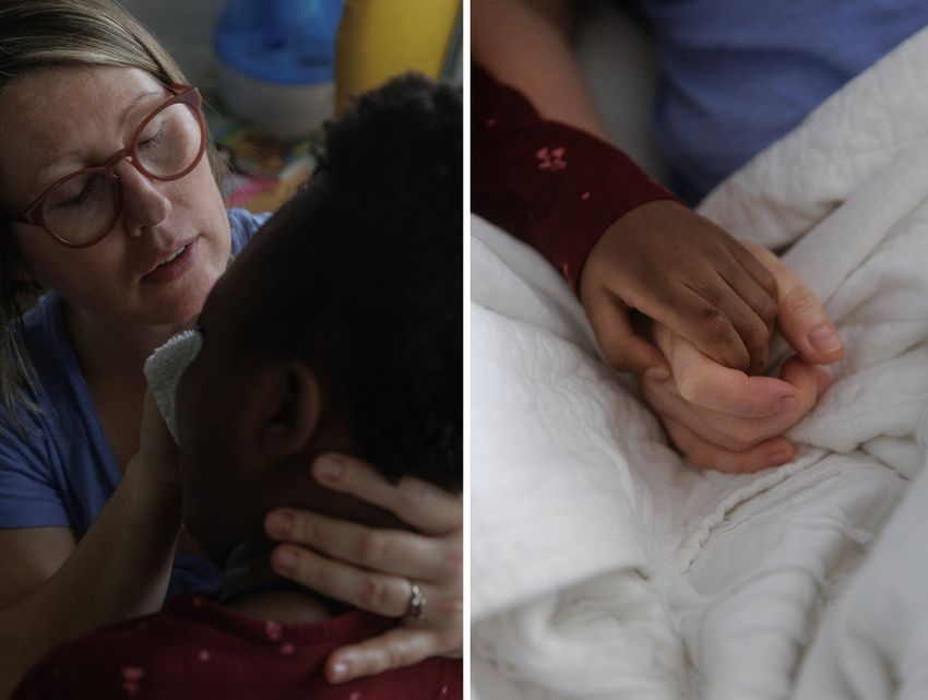 Left: Jessie Sage Cheng wipes her 11-year-old daughter’s face  at their home in Duncanville, TX on April 9, 2024. Right: Jessie Sage Cheng holds her daughter’s hand as they lay in bed together at their home in Duncanville, TX on April 9, 2024. Cheng says her daughter’s absolute favorite thing to do is snuggle with her mom in their bed.